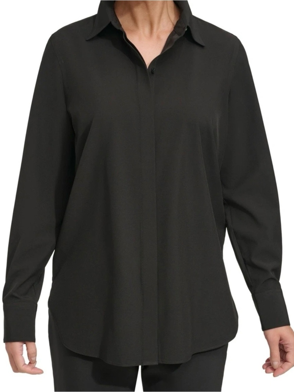 DKNY 
Sleek 
Solid Black 
Button Down 
Blouse  
Size L 
NWT